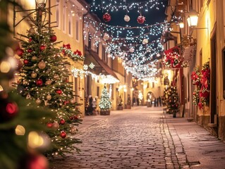 Central square of old European town decorated for Christmas, no people, festive atmosphere