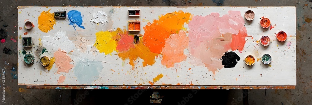 Aufkleber vibrant and textured painting palette with assorted colorful brushstrokes spread across a rustic woo
