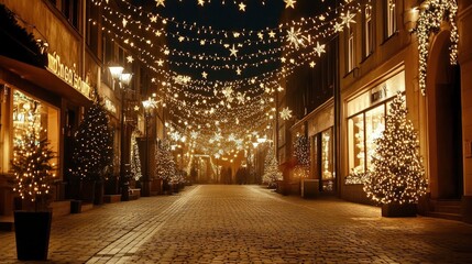 Fototapeta premium Central square of old European town decorated for Christmas, no people, festive atmosphere