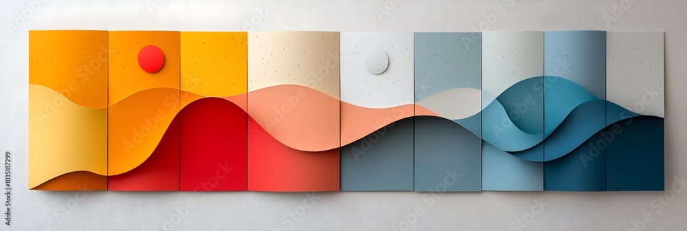 Poster vibrant layered paper cutout abstract art composition with geometric shapes and vivid hues creating 