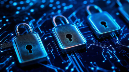 Cybersecurity Lock with Digital Shield and Futuristic Encryption Symbols
