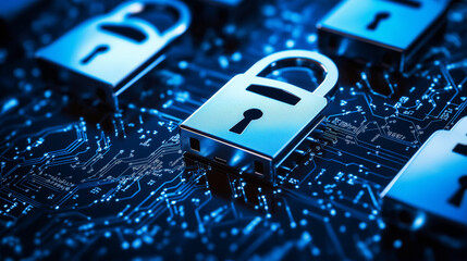 Cybersecurity Lock with Digital Shield and Futuristic Encryption Symbols