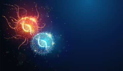 Abstract illustration of cancer cell near healthy cell with DNA helix made of glowing neon particles. Geometric background depicting oncology disease screening medical concept