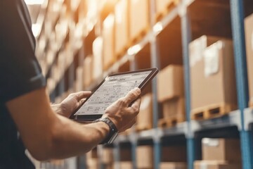 A logistics manager analyzing data on a digital tablet in a modern warehouse, inventory control, professional setting