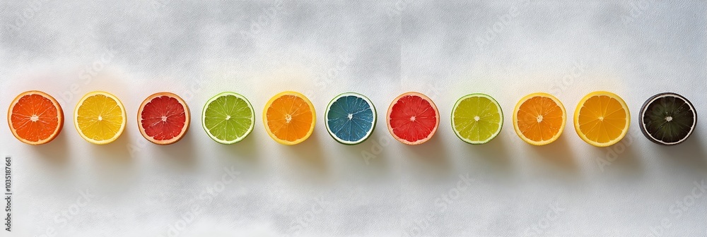 Poster vibrant top down view of a circular arrangement of various colorful fruit slices including citrus ki
