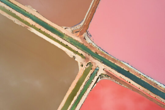 Aerial view of the vibrant Hutt Lagoon Pink Lake with unique patterns and shapes, Gregory, Australia.