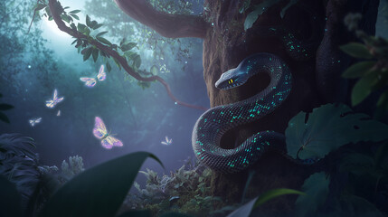 Serene Snake Coiled Around Tree as Fireflies Illuminate a Fantasy Forest
