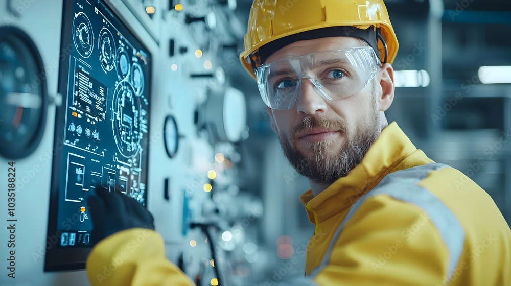 Poster worker in protective uniform monitoring and overseeing fuel processing from an industrial control pa