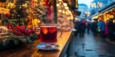 Close up photo of hot mulled wine glass on the counter of an open air Christmas store, snowy weather