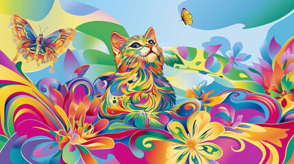 Obraz premium Fantasy Cat in a Colorful Dreamlike Garden With Flowers and Butterflies