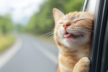 A playful ginger cat sticking its head out of a car window, eyes closed, enjoying the breeze with its tongue out, capturing a joyful and carefree moment during a road trip