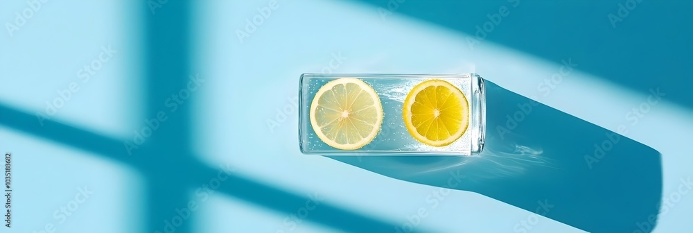 Poster a clear glass filled with fresh water and lemon slices representing the importance of and a healthy 