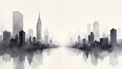Obraz premium Minimalistic city skyline silhouette with fog and reflection on calm water
