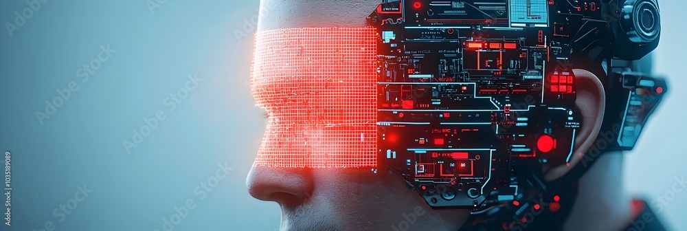Poster Advanced AI Powered Face Recognition Interface Featuring Grid Patterns Overlaying a Human Face for Biometric Identification and Data Analysis