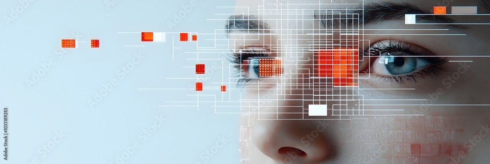 Poster AI powered face recognition interface featuring a human face with overlaying grid patterns showcasing advanced biometric identification and authentication technology