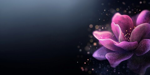 A digital futuristic flower with glowing neon purple petals and delicate wireframe details, set against a dark background with bokeh light effects, evoking a sense of elegance and technology