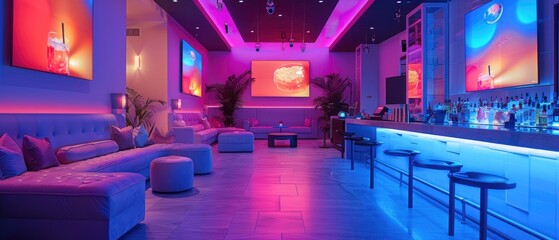 Neon lights illuminate a modern lounge with plush seating and a bar.