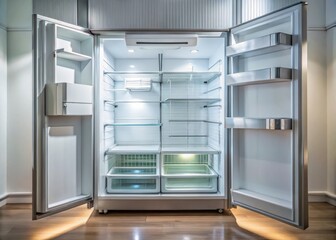 Fototapeta premium An uncluttered refrigerator design highlights clear shelves, modern aesthetics, and open space, showcasing kitchen essentials while maintaining a clean and organized minimalist look throughout.