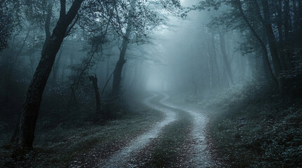 Fototapeta premium A foggy forest path where every sound seems amplified in the silence.