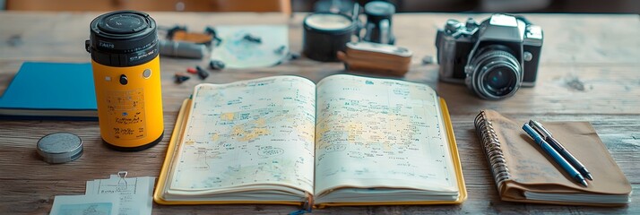 An open travel journal rests on a cafe table surrounded by scattered maps and pens providing a glimpse into the planning and anticipation of an upcoming adventure or business trip