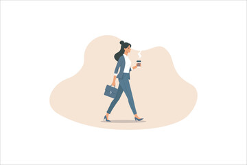 Businesswoman go to work side view, Busy woman walking, Business worker holds hot coffee paper cup. Flat isolated vector illustration.