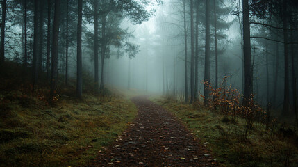 Fototapeta premium A foggy forest path where every sound seems amplified in the silence.