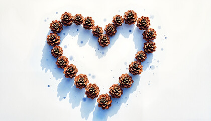 Heart shape made of pine cones on a white background with soft shadows, creative design