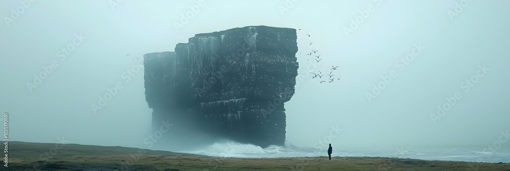 Poster breathtaking seascape featuring dramatic coastal cliffs with crashing waves and birds soaring overhe