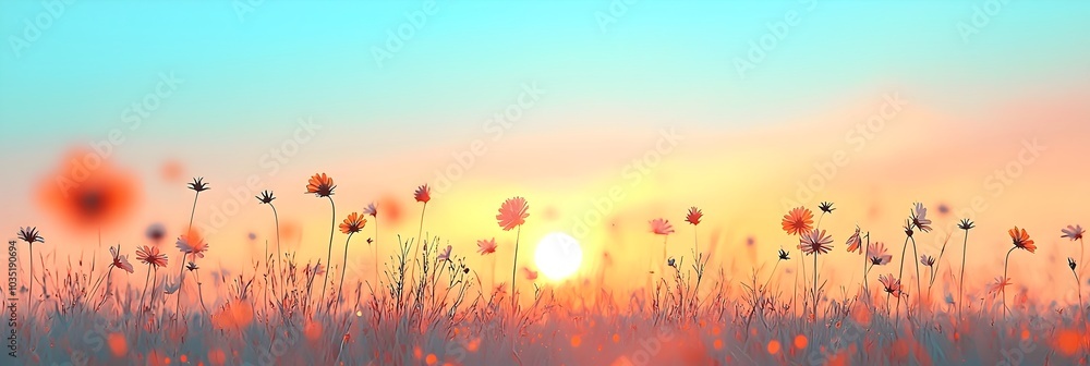 Poster breathtaking sunset over an open field with a vibrant display of wildflowers swaying gracefully in t
