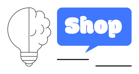 Light bulb design beside a blue speech bubble with Shop text and abstract black lines. Ideal for e-commerce, marketing, business ideas, innovation, and online stores. Simple minimalistic style