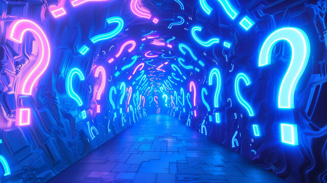 A glowing tunnel filled with large neon question marks and cryptic symbols, creating a mysterious and futuristic atmosphere.  
