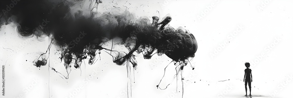 Poster Captivating abstract composition with dark ink swirling and blending in a serene ethereal water like setting creating captivating organic shapes and patterns