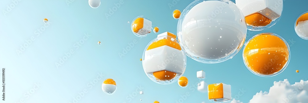 Fototapete Captivating 3D spheres and cubes floating in a cosmic space with dynamic lighting creating a mesmerizing interplay of geometric shapes and patterns
