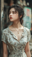 Naklejka premium Young woman in retro comic-style artwork standing in a vintage urban setting, with detailed facial expressions and fashionable attire evoking nostalgia and timeless elegance in a classic hand-drawn co