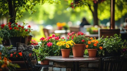 Obraz premium A cozy outdoor cafe featuring beautifully arranged flower pots, bursting with red, yellow, and pink flowers, set against a lush green landscape