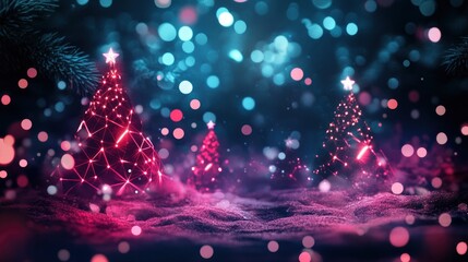 New Year digital abstract festive web banner template, futuristic glowing low polygonal