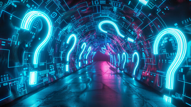 A glowing tunnel filled with large neon question marks and cryptic symbols, creating a mysterious and futuristic atmosphere.  
