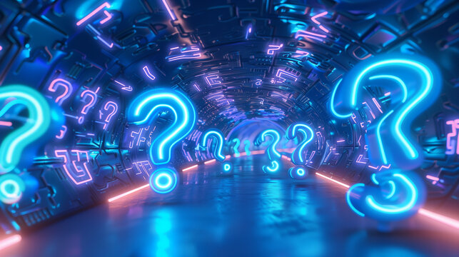 A glowing tunnel filled with large neon question marks and cryptic symbols, creating a mysterious and futuristic atmosphere.  
