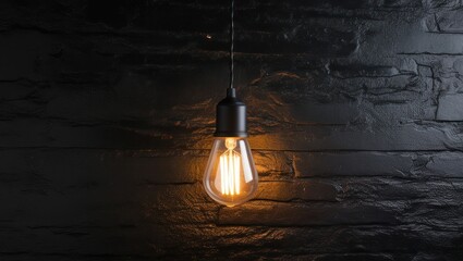 Single Hanging Light Bulb Illuminating a Dark Room With Wooden Wall Texture at Night
