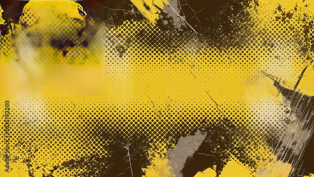 Poster dynamic abstract yellow and black texture with splatter and dotted patterns