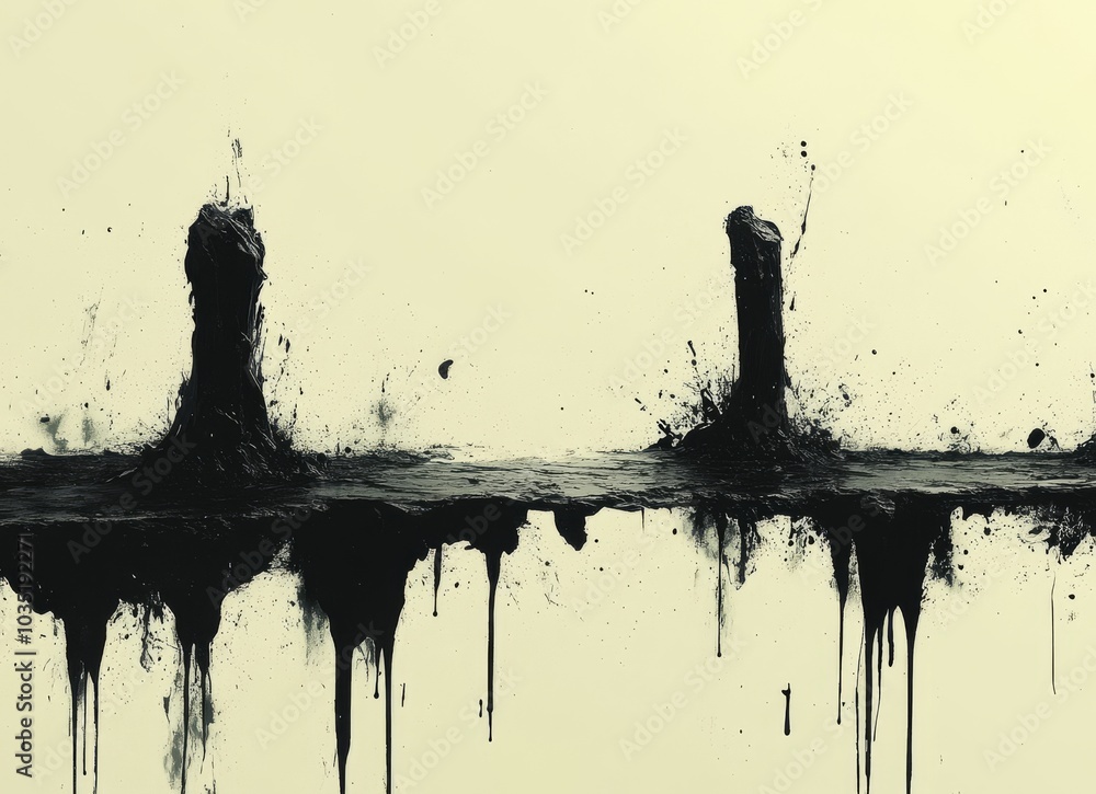 Poster ink splashes, brushes ink drops, blobs. isolated black ink splatter grunge background on white.