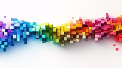 Obraz premium A vibrant wave of colorful cubes flowing together, creating a dynamic and engaging visual effect on a white background.