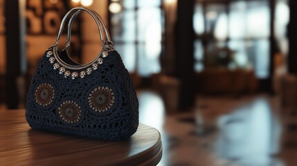 A close-up of a handcrafted crochet bag decorated with intricate patterns and a metallic skull motif, set against a blurred interior background, combining bohemian and edgy fashion styles