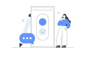Feedback and survey. Character giving positive feedback, choosing emoji to show satisfaction rating and filing survey form. Flat Cartoon Vector Illustration. Minimalist line, abstract