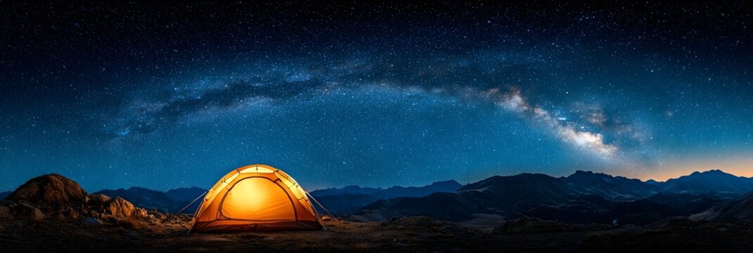 Captivating mountain campsite with a glowing tent illuminated under a breathtaking starry night sky landscape  Serene and peaceful outdoor adventure and scene