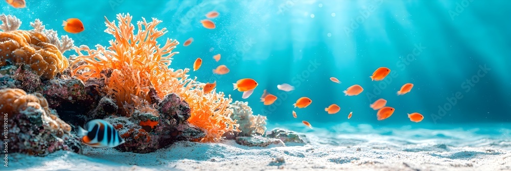 Poster captivating underwater scene showcasing a vibrant coral reef ecosystem filled with a diverse array o