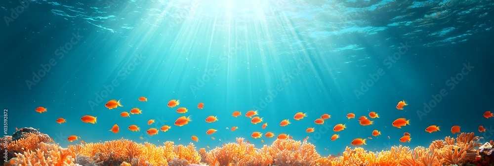 Poster captivating underwater scene showcasing a vibrant coral reef ecosystem filled with a diverse array o