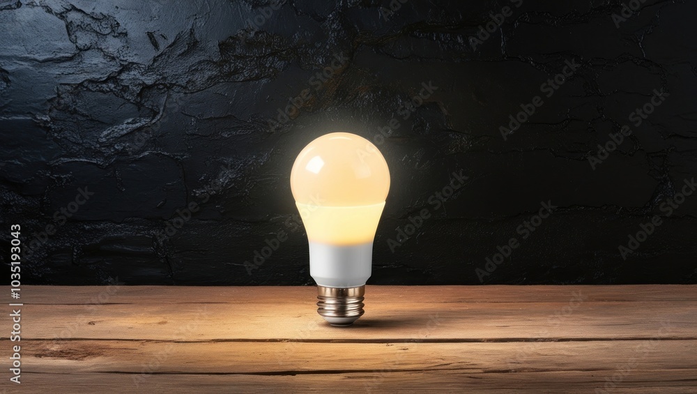 Poster efficient led light bulb sitting on a table on a dark background