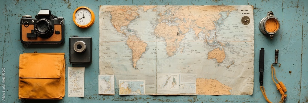Poster close up arrangement of world globes maps and other geography study tools placed on a desk or worksp