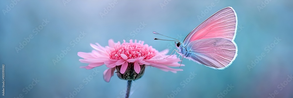 Aufkleber close up image of a beautiful butterfly gently resting on a soft pastel toned flower bloom creating 
